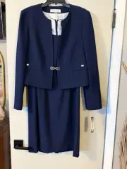 TAHARI Navy Stretch Ponte Knit Dress Blazer Suit Gold Button SZ 14