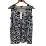 Talbots Womens Knit Jersey Blouse Top Leaf Print Black White XP Plus Petite