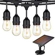 Solar String Lights - 48 ft S14 LED Outdoor IP65 Commercial Grade Heavy Duty Festoon String Light 15 Hanging Sockets with 15 S14 2W LED Glass Bulb Warm White for Party Patio Garden