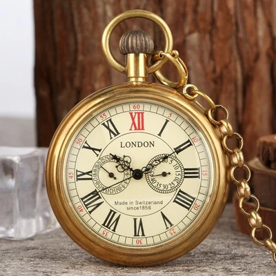 Mens Luxury Mechanical Pocket Watch with Chain Brass Open Face Case Fob Watches