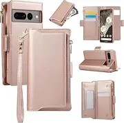 Wallet Case for Google Pixel 7A,Zipper Pocket Magnetic [Detachable] Flip Leather Cover with 6 Card Slots and 1 Cash Slot,[RFID Blocking] Case with Wrist Strap and Lanyard for Woman/Man(Rose Gold)