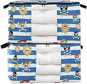Blue White Striped Coastal Pirate Skeleton 60/95 L zippered toy storage with Reinforced Handles, clear window container with lid for Clothing, Blanket, Bed Sheets, Pillows