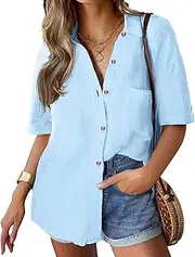 [Hotouch] Women's Blouse V-Neck Shirt with Pocket Plain Short Sleeve Shirt Blouse Elegant Business Tops Basic Tops with Buttons Loose Casual Work Blouse T-Shirts S-XXL