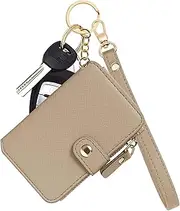 [M-Plateau] Wallet, Womens Wallet Leather Keychain Wallet With Zipper Coin Pocket ID Window Wrist Strap Gift Box, Khaki, Small, Little Clutch