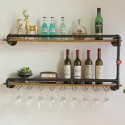 2 Tier 41" Wine Rack Wall Mounted Pipe Hanging Floating Bar Liquor Shelves Glass