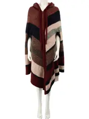 Striped Wool Hooded Knitted Zip Poncho