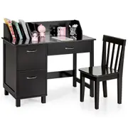 Giantex Kids Study Desk & Chair Set Children Writing Table Students Learning Desk w/Drawer & Storage Cabinets, Dark Brown
