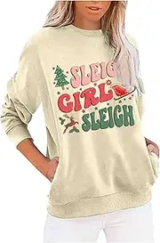 [bawilom] Sleigh Girl Sleigh Sweatshirts for Women Merry Christmas Holiday Long Sleeve Pullover Cute Tunic Tops Funny Shirts