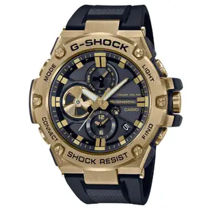 【CASIO 卡西歐】G-SHOCK GST金屬結構太陽能智慧藍芽計時錶-黑金 膠帶(GST-B100GB-1A9)