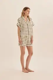 Ladies Gingerlilly PJS Olive Spots Satin Short Shirt Set Pyjamas Jillian