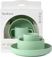 Yooforea Baby Led Weaning Supplies - Toddler Infant Essentials First Stage Feeding Set - Tiny Cup, Suction Bowl & Plate - 100% Platinum Food Grade Silicone - BPA BPS PVC Free - Tea