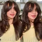 Dark Brown Wig with Curtain Bangs Layered Wig for Women Shoulder-Length Wavy ...