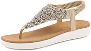 [HOTRA] Women's Wedge Sling Back Sandals Summer Rhinestones Flip Flops Anti Slip Beach Slippers T-Bar Diamante Gem Stone Gladiator (Color : Apricot, Size : 5.5)