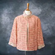 NWT Chico's Tweed Orange Boucle Pearl Sequin Collar Jacket Size 3 US Size L