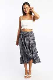 Blue Check Asymmetric Midi Skirt High Rise Elastic Waist - Size 14L, Women's Midi Skirt