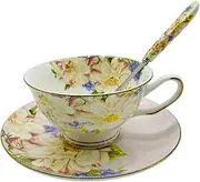 [Krysclove] Vintage Ceramic Teacup, Elegant Coffee Cup with Spoon and Saucer Set, Fine Royal Bone China Tea Cups (Pink)