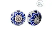 Nicola Spring Ceramic Cupboard Drawer Handle Knobs - Floral Design -Dark Blue Flower - Pack of 24