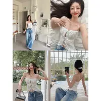 在飛比找蝦皮購物優惠-Liasynn 小美式 性感胸前綁帶掛脖小背心 棉質 刺繡吊