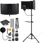 Bestbless Microphone Isolation Shield with Pop Filter & Tripod Stand, Foldable Mic Shield with Triple Sound Insulation, High Density Mic Sound Shield for Recording Studio, Podcasts, Singing
