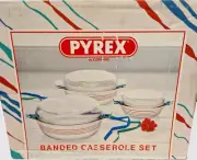 RARE! Set Of 3 Pyrex Banded Casserole Red Racer Set New Old Stock Boxed Sealed
