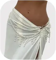 [Cusmyre] Bridal Wedding Multi-layered Pearl Waist Chain Belt White Pearl Tassel Hip Belly Body Chain Summer Beach Beaded Waist Body Jewelry for Women, Medium, alloy, No Gemstone