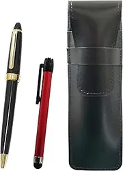 Slim Cowhide Leather Pen Case Black Metal Touch Stick Red and Neo D-600 Ballpoint Pen Set Black ASB-ALR-600B-B