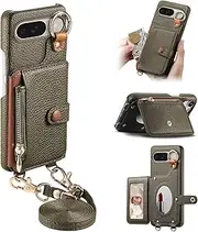 Durable Removable Crossbody Wallet Phone Case for Google Pixel 9, Zippered Purse,Ring Holder,Integrated Mirror,Card Slot,Multi-Angle Stand in Elegant Pebbled Leather Cover(Light Green)