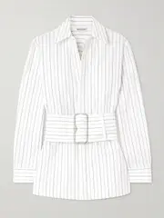 [Burberry] Burberry - Belted Pinstriped Cotton-poplin Shirt - White - UK 10 UK 10 White