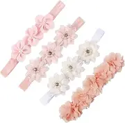 LEEQ Baby Girl Headbands - 4 Pieces Lace Pearl Flowers Hair Band Newborn Cute Elastic Flowers Headband Hair Accessories for Babies Toddler Girls Gift Photography (Pink/White)