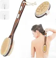 Set of 2 back brushes, bath brush, shower brush with long handle, body brush, exfoliating brush, natural bristles, bath brush for removing dead skin, cellulite, improves lymphatic functions