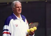 Great Britain Davis Cup team captain Tony Pickard holding a tennis- Old Photo 1
