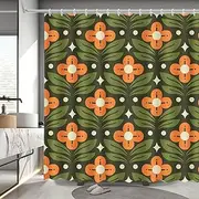 MEHOFOND Orange Floral Green Shower Curtain Vintage Mid Century Modern Abstract Geometric Bathroom Curtain Boho Retro Classic 1950S 1960S Home Bathtub Decor Fabric Waterproof Bath Curtain 72x72 Inch