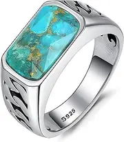 [Yaresul] Rectangle Cut Mens Teal Turquoise/Synthetic Black Onyx Rings 925 Sterling Silver Mens Cuban Link Ring Handmade Anillos de Hombre Thumb Ring for Birthday Jewelry Gift Band Width 4.8mm Size 8-12