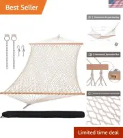 450 lbs Capacity Double Hammock with Hardwood Bar & Carrying Bag - Natural Beige