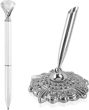 Jevou Hollow Round Pen Holder Signing Pen Set with Big Crystal Diamond Pen for Wedding Bridal Engagement Party Favors, Silver Holder with White Pen
