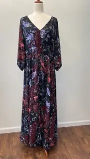 City Chic Maxi Dress Women’s L 20 Dark Floral Patchwork Smocked Waist NWT