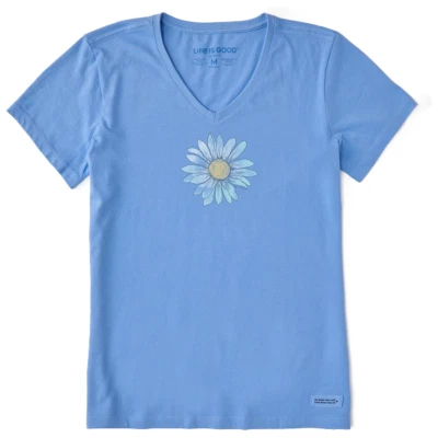 Life is Good. Women's Breezy Daisy Short Sleeve Crusher Vee, Cornflower Blue