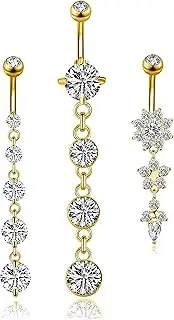 YOVORO 3-6PCS 14G 316L Stainless Steel Belly Button Rings for Women Navel Rings Barbell Dangle Flower CZ Body Piercing
