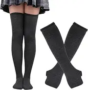 [Cupimatch] Knee Socks Women's Gloves Set: Long Socks Overknee Stockings Women's Punk Gothic Thermal High Socks Gloves for Women Teenagers Girls, black, One Size