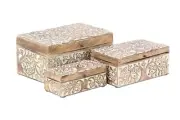 Brown Mango Wood Floral Box with Hinged Lid Wooden Treasure Chest Keepsake Set/3