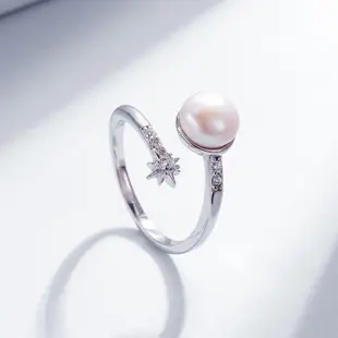 【925 STARS】純銀925輕奢復古鋯石花朵造型淡水珍珠戒指 開口戒 造型戒 珍珠戒