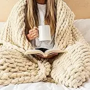 Samiah Luxe Beige Chunky Knit Blanket 50x70, Chunky Knit Throw Blanket, Crochet Blanket with Big Yarn for Chunky Blanket, Chenille Knitted Throw Blanket, Cable Knitted Blanket for Couch or King Bed