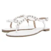 SheSole Women's Flats T-Strap Sandals Thongs Bridal Shoes Beach Flip Flops Pearl