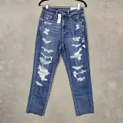 American Eagle Mom Jeans Womens 8 Blue Distressed Destroyed Thrashed Grunge NWT