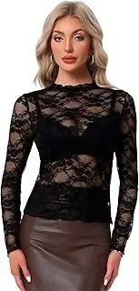 [Allegra K] Mesh Top for Women's Mock Neck Sheer See Through Floral Lace Tops Blouse