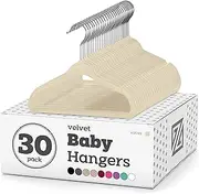 Zober Velvet Baby Hangers for Closet - Pack of 30 Non Slip Toddler Hangers for Shirts, Pants & Dresses w/Swivel Hook - Durable Infant Hangers w/Notches - Small Baby Hangers - Ivory