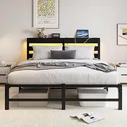 VERFARM Queen Size Bed Frame with USB Charging Station and LED Lights, Heavy Duty Metal Platform Queen Bed Frame with Wood Storage Headboard, No Box Spring Needed, Noise Free, Easy Assembly, Black
