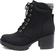 [Soda] Single Lug Sole Chunky Heel Combat Ankle Boot Lace up w/Side Zipper