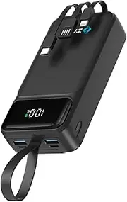 ZYRON 27000mAh Power Bank, 22.5W Dual USB-C Portable Charger with Built in Cables, Fast Charging PD3.0 QC3.0, LED Display, High Capacity 20W Powerbank for iPhone 16 S24 Xiaomi Pixel Switch iPad, Black