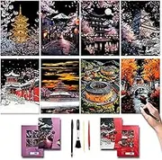 Rainbow Scratch Painting Art Kit - Family Friendly Crafts for Adults and Children, DIY Craft Kit with 4 Tools and 8 Sheets of Paper, Ancient Cities Series Creative Gifts (Japan and China)-DESINIK